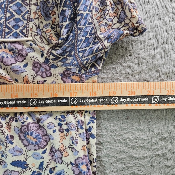 Lucky Brand Tee Top Women Medium Tie Neck Stretch Floral Purple Navy - Picture 8 of 10